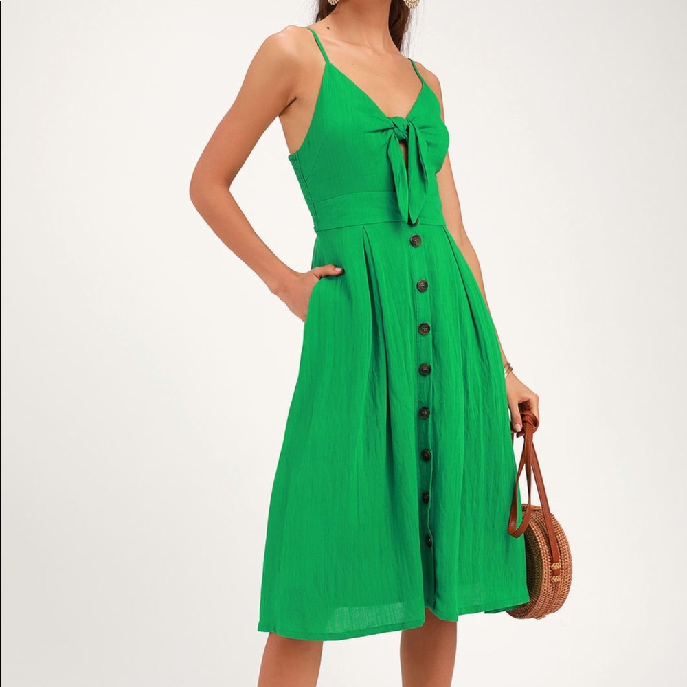 Green tie-front midi dress